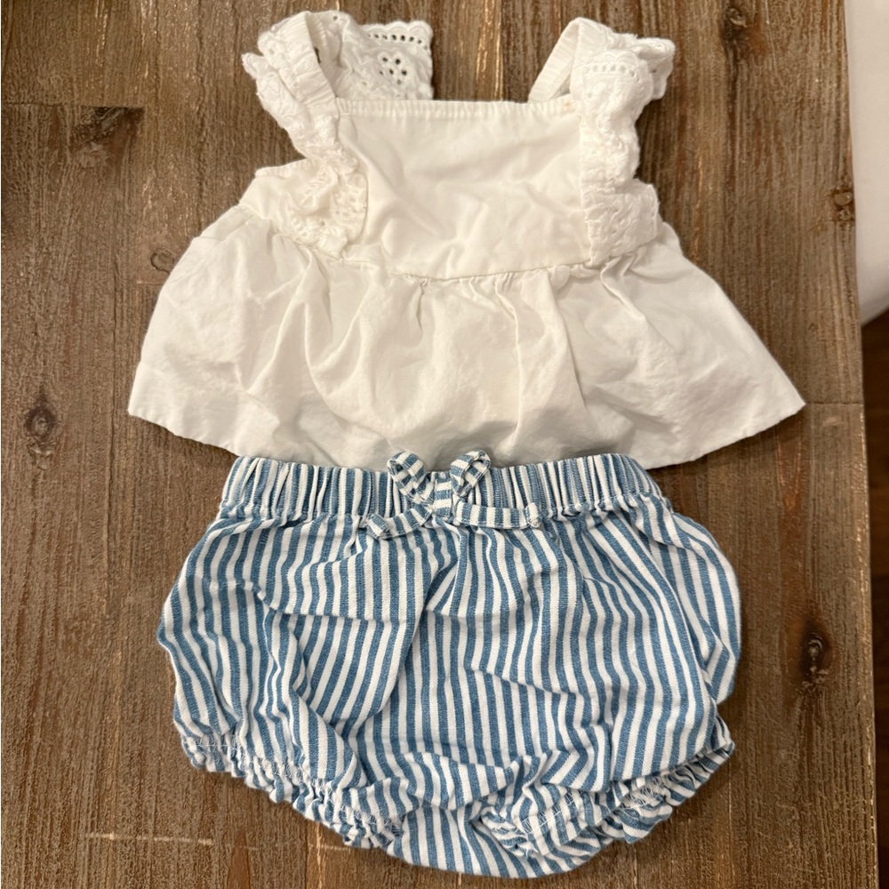 Carter's White Eyelet Ruffle Top with Blue Stripe Bloomers